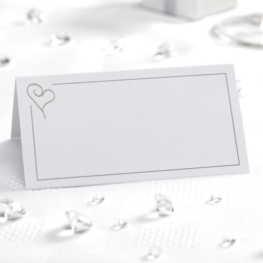 Contemporary Heart Place Cards White & Silver - Pack of 50