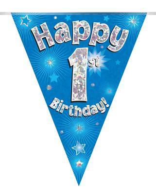 Happy 1st Birthday Blue Holographic Bunting