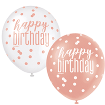 Rose Gold Glitz & White Happy Birthday 12" Latex Balloons 6pk